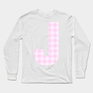 Pink Letter J in Plaid Pattern Background. Long Sleeve T-Shirt